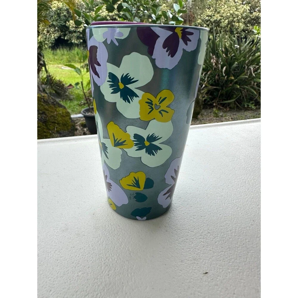 NWOT Starbucks 2020 Pansy Floral Green Double Wall Ceramic Traveler Tumbler 12oz